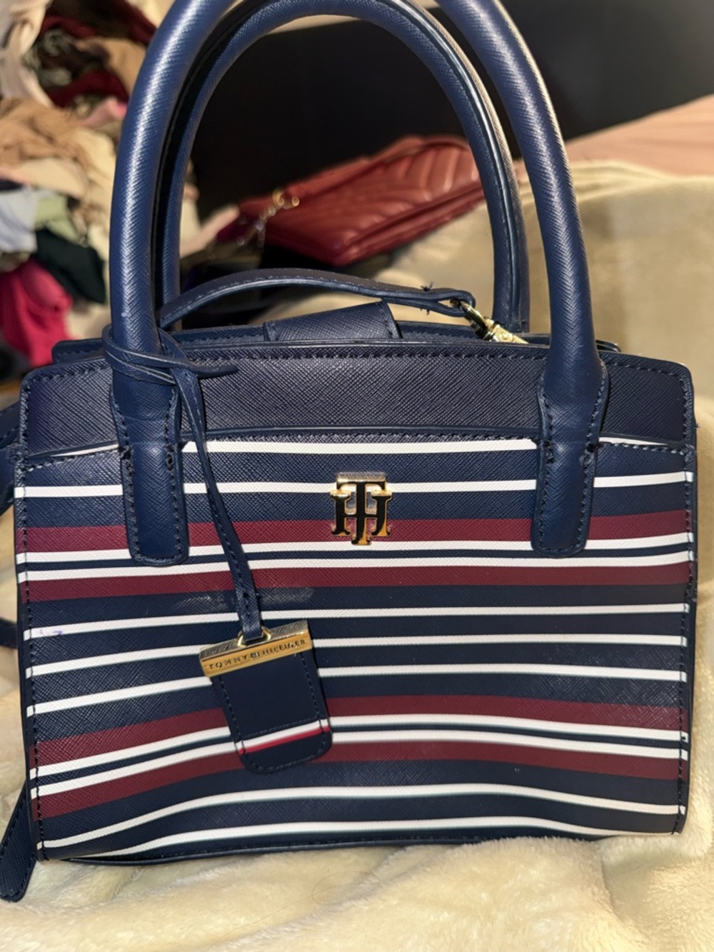 Tommy Hilfiger Navy, White & Red Stripe Satchel with Gold Hardware